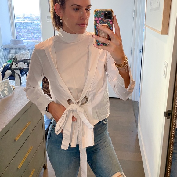 LOEIL White Mock Neck Oversized Grommet Blouse - Picture 5 of 7